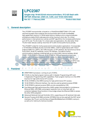 LPC2387 datasheet - Single-chip 16-bit/32-bit microcontrollers; 512 kB flash with ISP/IAP, Ethernet, USB 2.0, CAN, and 10-bit ADC/DAC