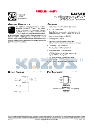 ICS87354AMI datasheet - -2.5V/ 3.3V LVPECL CLOCK GENERATOR