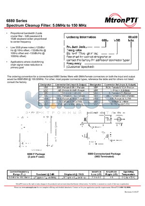 6880VBB100.0MHZ datasheet - Spectrum Cleanup Filter: 5.0MHz to 150 MHz