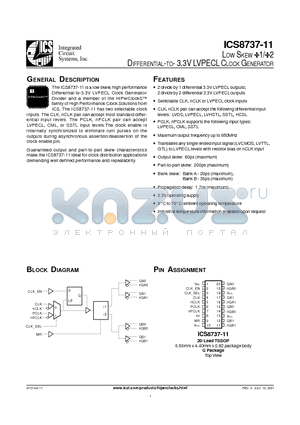 ICS8737AG-11T datasheet - LOW SKEW 1/2 DIFFERENTIAL-TO- 3.3V LVPECL CLOCK GENERATOR