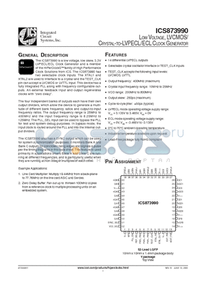 ICS873990AYLFT datasheet - LOW VOLTAGE, LVCMOS/ CRYSTAL-TO-LVPECL/ECL CLOCK GENERATOR