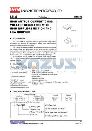 L1138G-XX-AB5-R datasheet - HIGH OUTPUT CURRENT CMOS VOLTAGE REGULATOR WITH HIGH RIPPLE-REJECTION