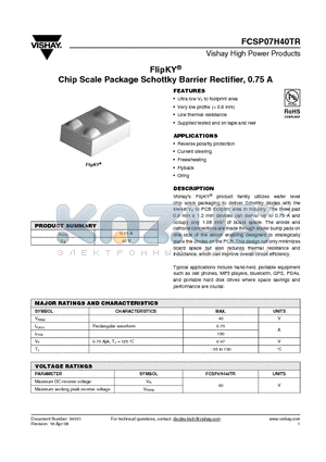 FCSP07H40TR datasheet - Chip Scale Package Schottky Barrier Rectifier, 0.75 A