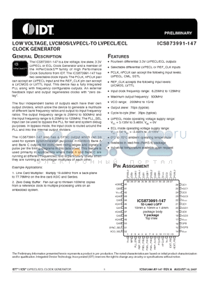 ICS873991AY-147LF datasheet - LOW VOLTAGE, LVCMOS/LVPECL-TO LVPECL/ECL CLOCK GENERATOR