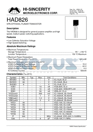 HAD826 datasheet - NPN EPITAXIAL PLANAR TRANSISTOR