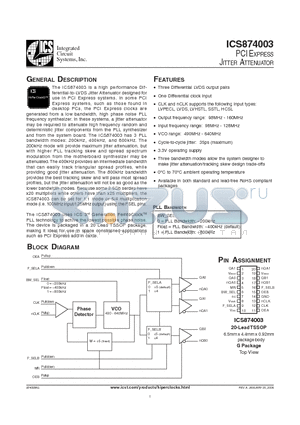 ICS874003AGLF datasheet - PCI EXPRESS JITTER ATTENUATOR