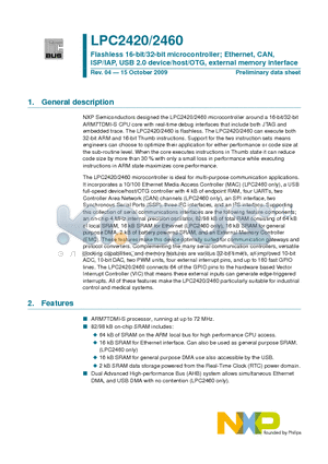 LPC2420_09 datasheet - Flashless 16-bit/32-bit microcontroller; Ethernet, CAN, ISP/IAP, USB 2.0 device/host/OTG, external memory interface