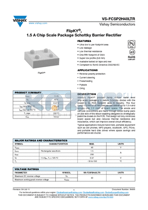 FCSP2H40LTR datasheet - FlipKY, 1.5 A Chip Scale Package Schottky Barrier Rectifier