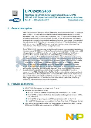 LPC2460FBD208 datasheet - Flashless 16-bit/32-bit microcontroller; Ethernet, CAN, ISP/IAP, USB 2.0 device/host/OTG, external memory interface