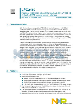 LPC2460FET208 datasheet - Flashless 16-bit/32-bit micro; Ethernet, CAN, ISP/IAP, USB 2.0 device/host/OTG, external memory interface