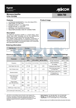 6884-700 datasheet - Microwave Amplifier 2.0 to 12.0 GHz