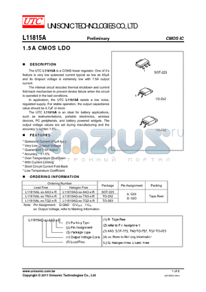 L11815AG-XX-AA3-X-R datasheet - 1.5A CMOS LDO