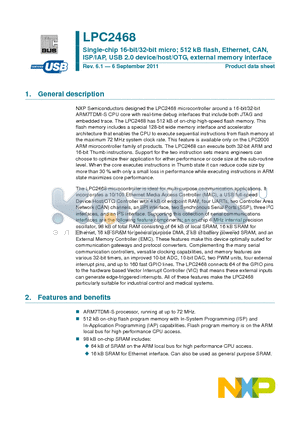 LPC2468_11 datasheet - Single-chip 16-bit/32-bit micro; 512 kB flash, Ethernet, CAN, ISP/IAP, USB 2.0 device/host/OTG, external memory interface