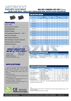 MA0509XD-2W datasheet - 1W/2W, FIXED INPUT , ISOLA TED & REGULATED DUAL OUTPUT DC-DC CONVERTER