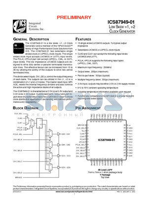 ICS87949AY-01 datasheet - LOW SKEW 1, 2 CLOCK GENERATOR