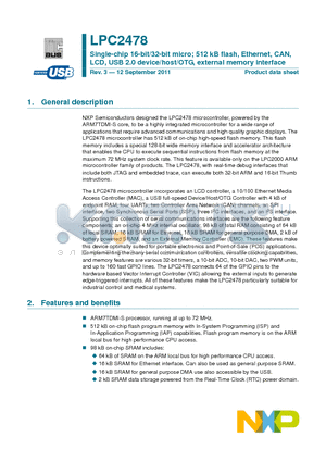 LPC2478FBD208 datasheet - Single-chip 16-bit/32-bit micro; 512 kB flash, Ethernet, CAN, LCD, USB 2.0 device/host/OTG, external memory interface