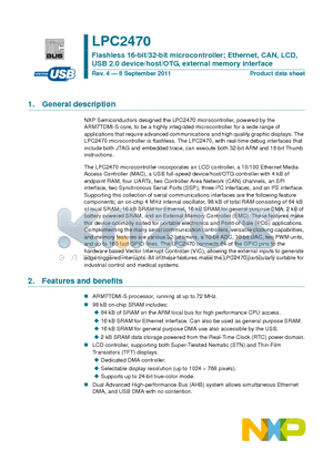 LPC2470_1109 datasheet - Flashless 16-bit/32-bit microcontroller; Ethernet, CAN, LCD, USB 2.0 device/host/OTG, external memory interface