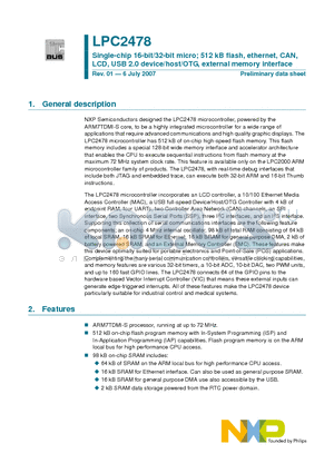 LPC2478 datasheet - Single-chip 16-bit/32-bit micro; 512 kB flash, ethernet, CAN, LCD, USB 2.0 device/host/OTG, external memory interface