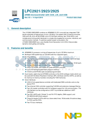 LPC2923 datasheet - ARM9 microcontroller with CAN, LIN, and USB