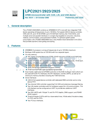 LPC2921 datasheet - ARM9 microcontroller with CAN, LIN, and USB device