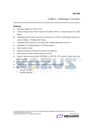 MA100L datasheet - UART-to- USB Bridge Controller