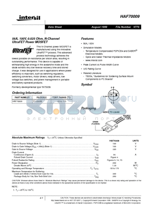 HAF70009 datasheet - 56A, 100V, 0.025 Ohm, N-Channel UltraFET Power MOSFET