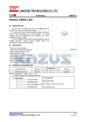 L1188G-XX-AA3-A-R datasheet - 800mA CMOS LDO