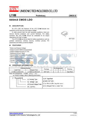 L1188 datasheet - 800mA CMOS LDO