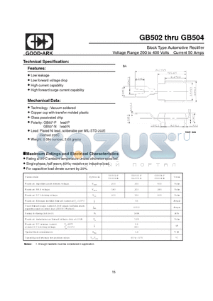 GB502 datasheet - Block Type Automotive Rectifier Voltage Range 200 to 400 Volts Current 50 Amps