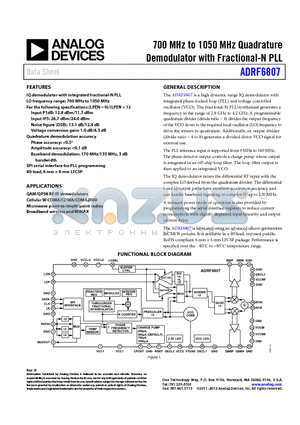 ADRF6807ACPZ-R7 datasheet - 700 MHz to 1050 MHz Quadrature