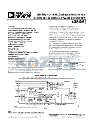 ADRF6702 datasheet - 1200 MHz to 2400 MHz Quadrature Modulator with 1550 MHz to 2150 MHz Frac-N PLL