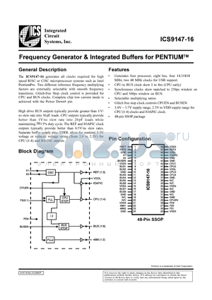 ICS9147-16 datasheet - Frequency Generator & Integrated Buffers for PENTIUMTM