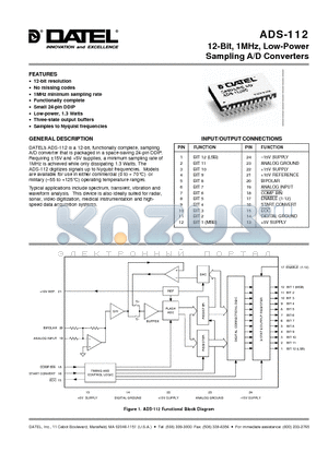 ADS-112MM datasheet - 12-Bit, 1MHz, Low-Power Sampling A/D Converters