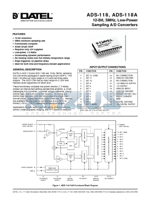 ADS-118A datasheet - 12-Bit, 5MHz, Low-Power Sampling A/D Converters