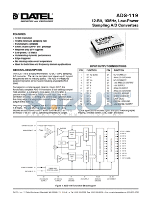 ADS-119 datasheet - 12-Bit, 10MHz, Low-Power Sampling A/D Converters