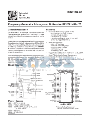 ICS9148-37 datasheet - Frequency Generator & Integrated Buffers for PENTIUM/Pro