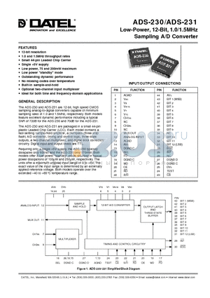 ADS-231 datasheet - Low-Power, 12-Bit, 1.0/1.5MHz Sampling A/D Converter