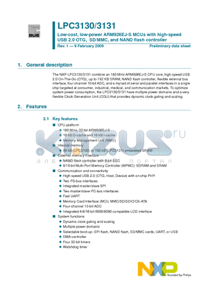 LPC3130 datasheet - Low-cost, low-power ARM926EJ-S MCUs with high-speed USB 2.0 OTG, SD/MMC, and NAND flash controller