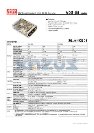 ADS-5524 datasheet - 55W Single Output with 5V,4A DC-DC Converter