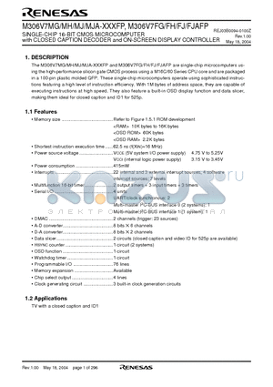 M306V7FJFP datasheet - SINGLE-CHIP 16-BIT CMOS MICROCOMPUTER with CLOSED CAPTION DECODER and ON-SCREEN DISPLAY CONTROLLER