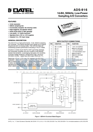 ADS-916MC datasheet - 14-Bit, 500kHz, Low-Power Sampling A/D Converters