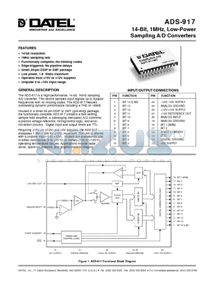 ADS-917 datasheet - 14-Bit, 1MHz, Low-Power Sampling A/D Converters