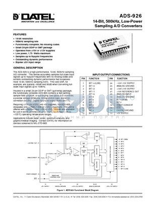 ADS-926 datasheet - 14-Bit, 500kHz, Low-Power Sampling A/D Converters
