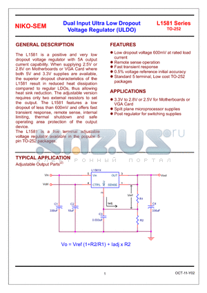 L1581D-2.5 datasheet - Dual Input Ultra Low Dropout Voltage Regulator (ULDO)