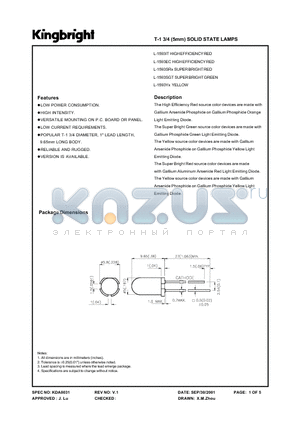 L1593IT datasheet - T-1 3/4 (5mm) SOLID STATE LAMPS