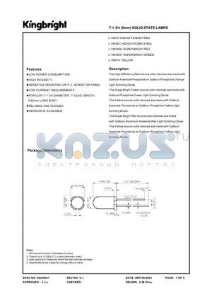 L1593YC datasheet - T-1 3/4 (5mm) SOLID STATE LAMPS