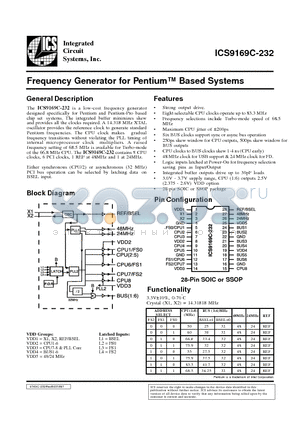 ICS9169C-232 datasheet - Frequency Generator for Pentium Based Systems