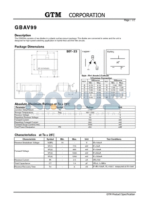 GBAV99 datasheet - consists of two diodes in a plastic surface mount