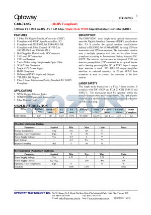 GBB-7420G datasheet - 1310 nm TX / 1550 nm RX , 5V / 1.25 Gbps Single-Mode WDM Gigabit Interface Converter (GBIC)