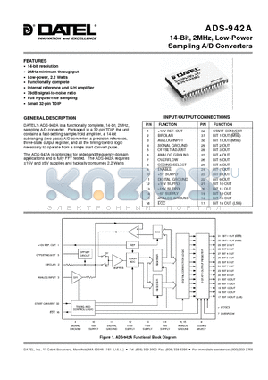 ADS-942A datasheet - 14-Bit, 2MHz, Low-Power Sampling A/D Converters